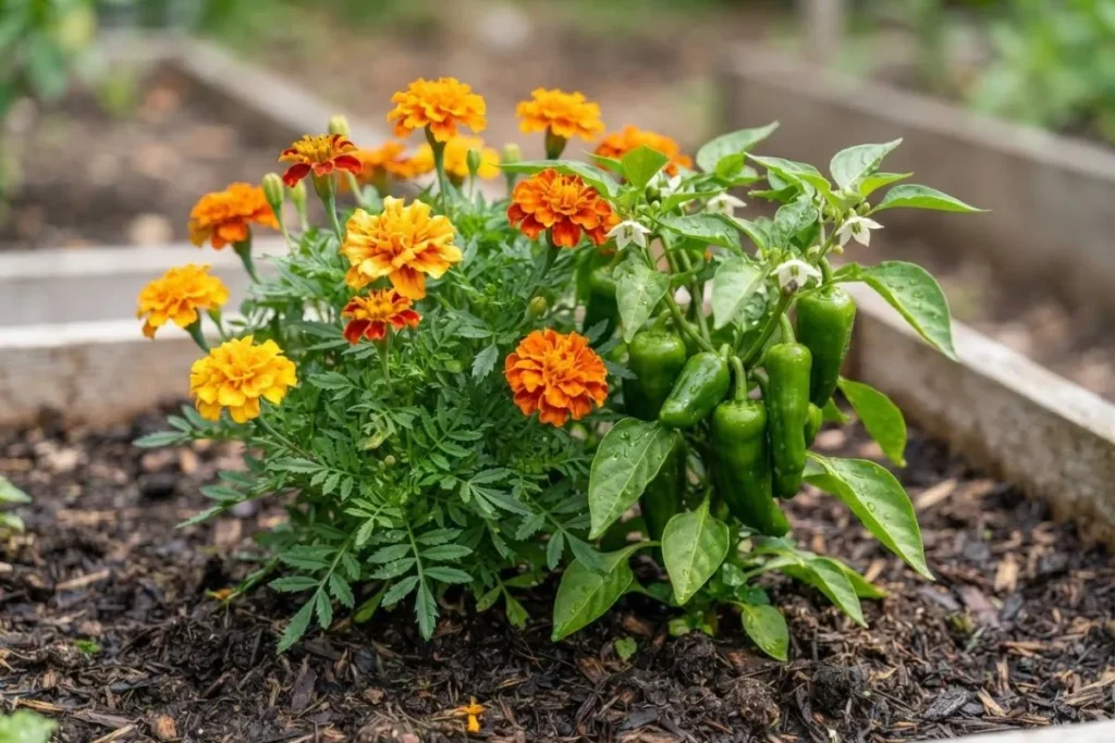  Marigolds and Pepper Plants